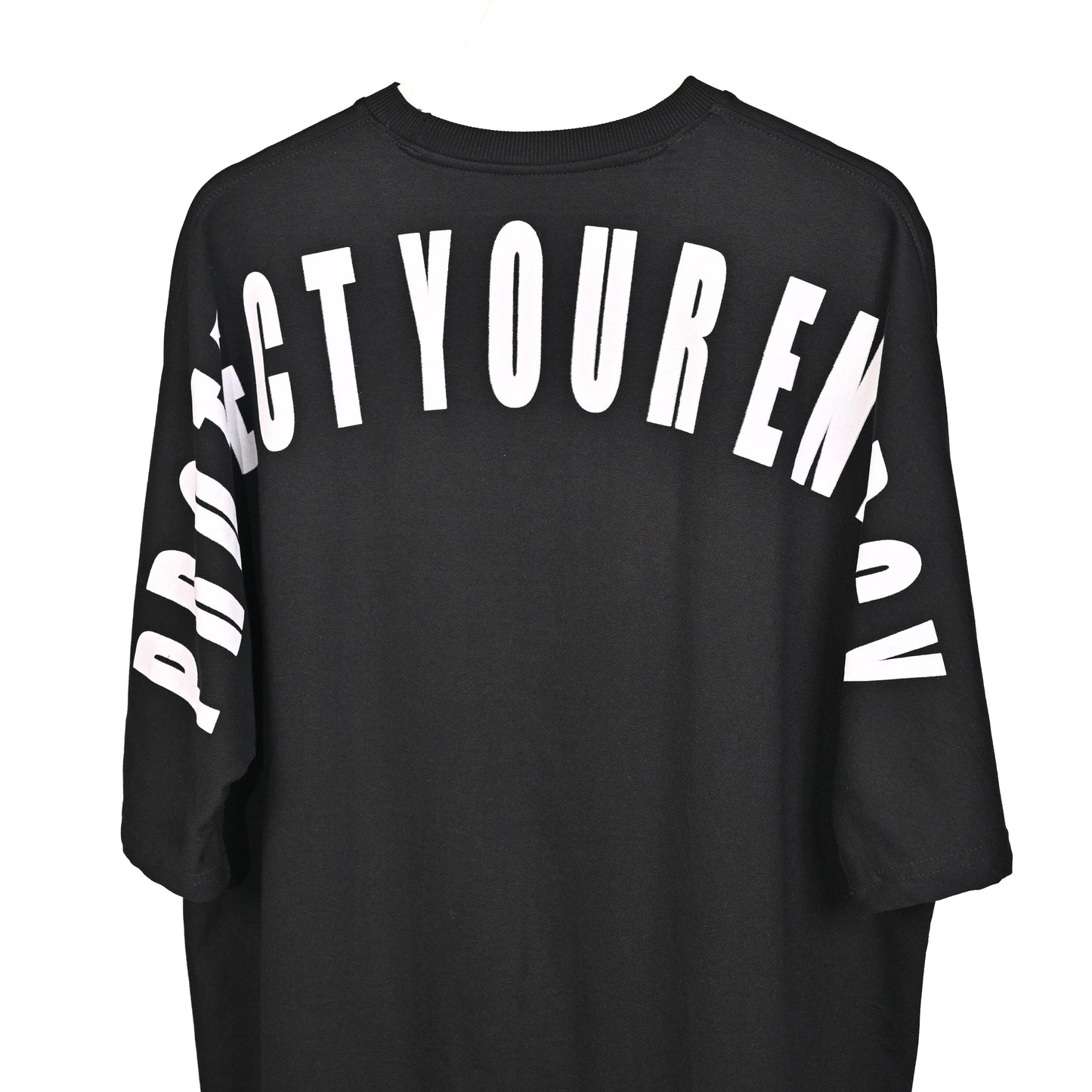 Protect Your Energy T-Shirt: Black, Oversized, Close Back Side, Bio-Washed Cotton Printed by Techno Be With You