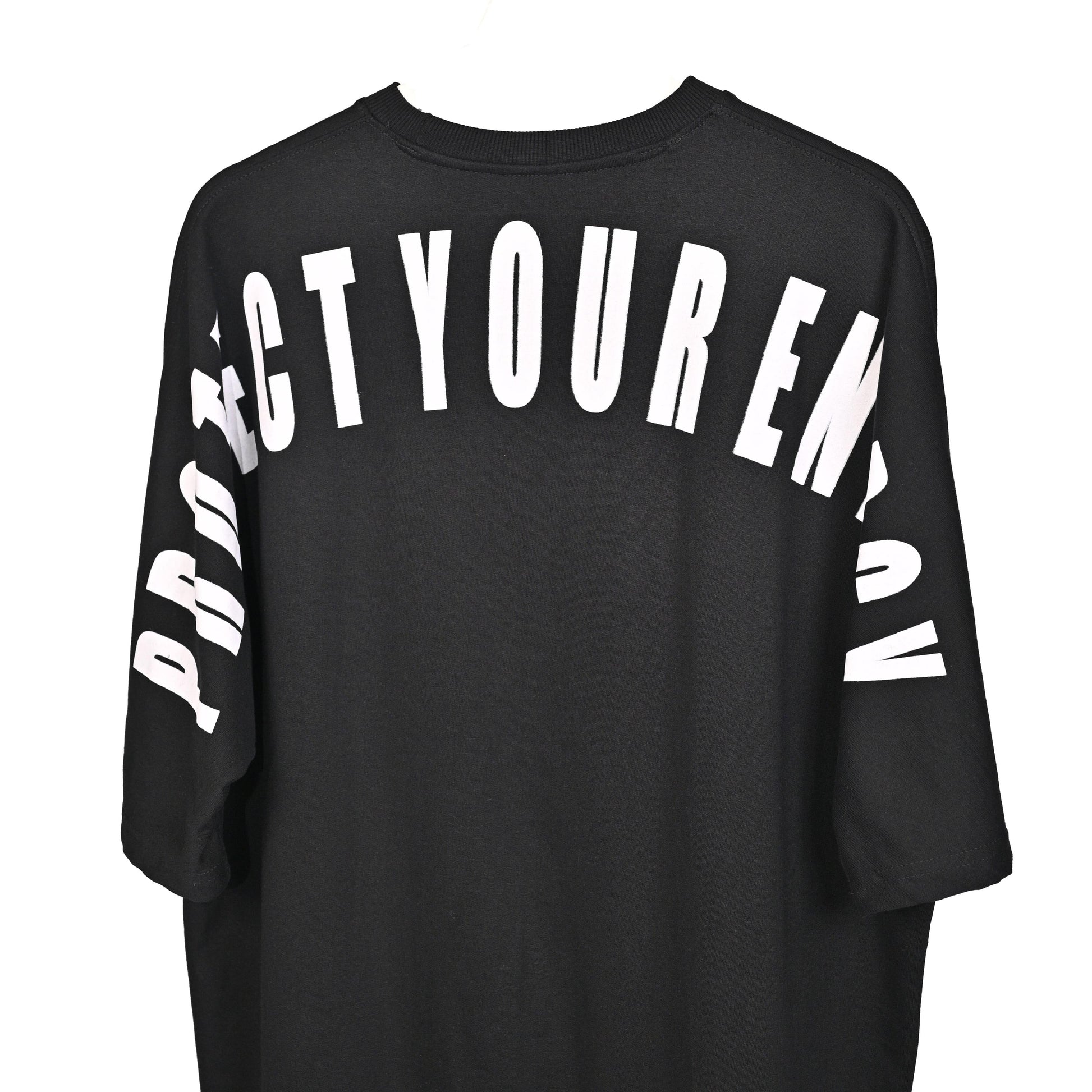 Protect Your Energy T-Shirt: Black, Oversized, Close Back Side, Bio-Washed Cotton Printed by Techno Be With You