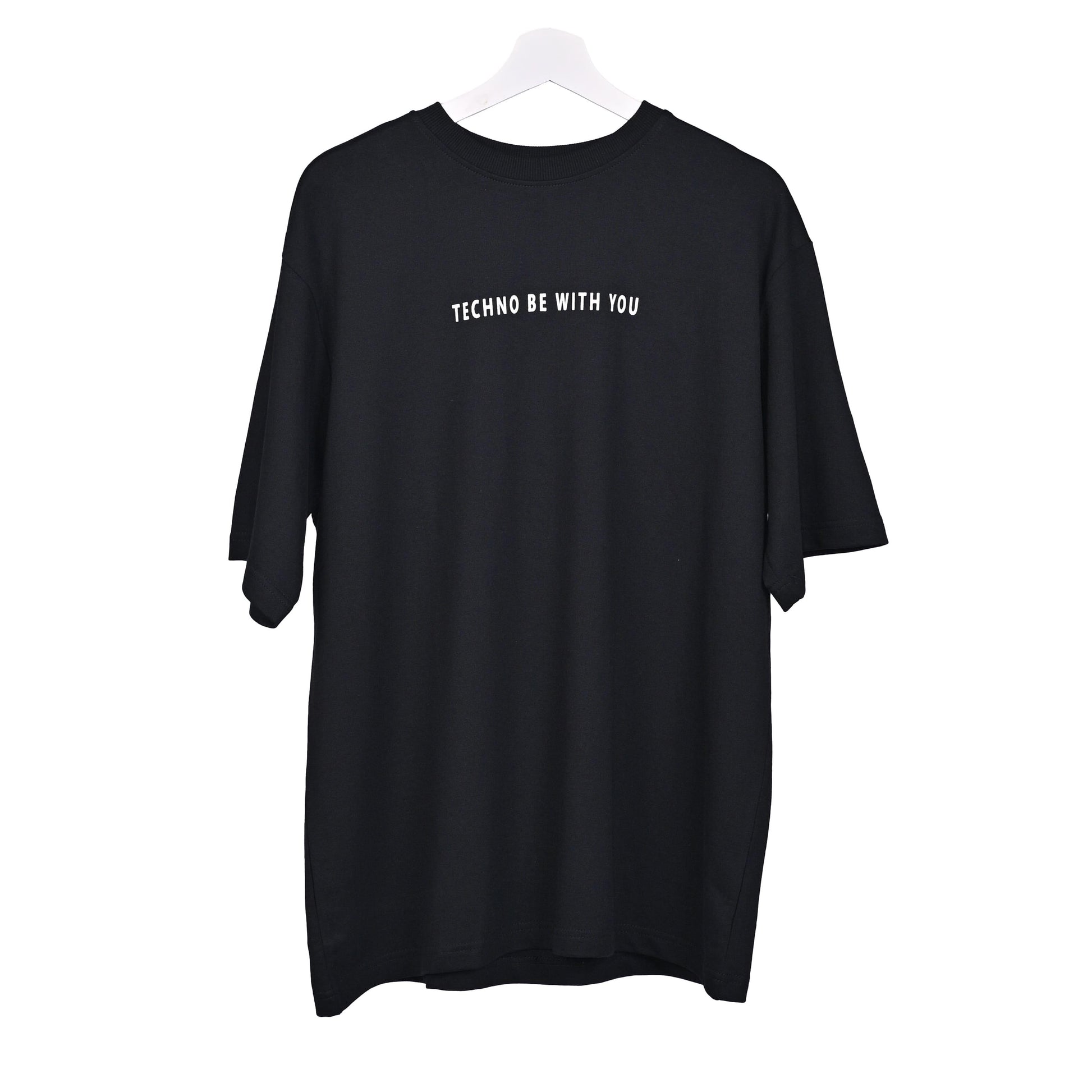 Star Trippy T-Shirt: Black, Oversized, Front Pose, Bio-Washed Cotton Printed by Techno Be With You