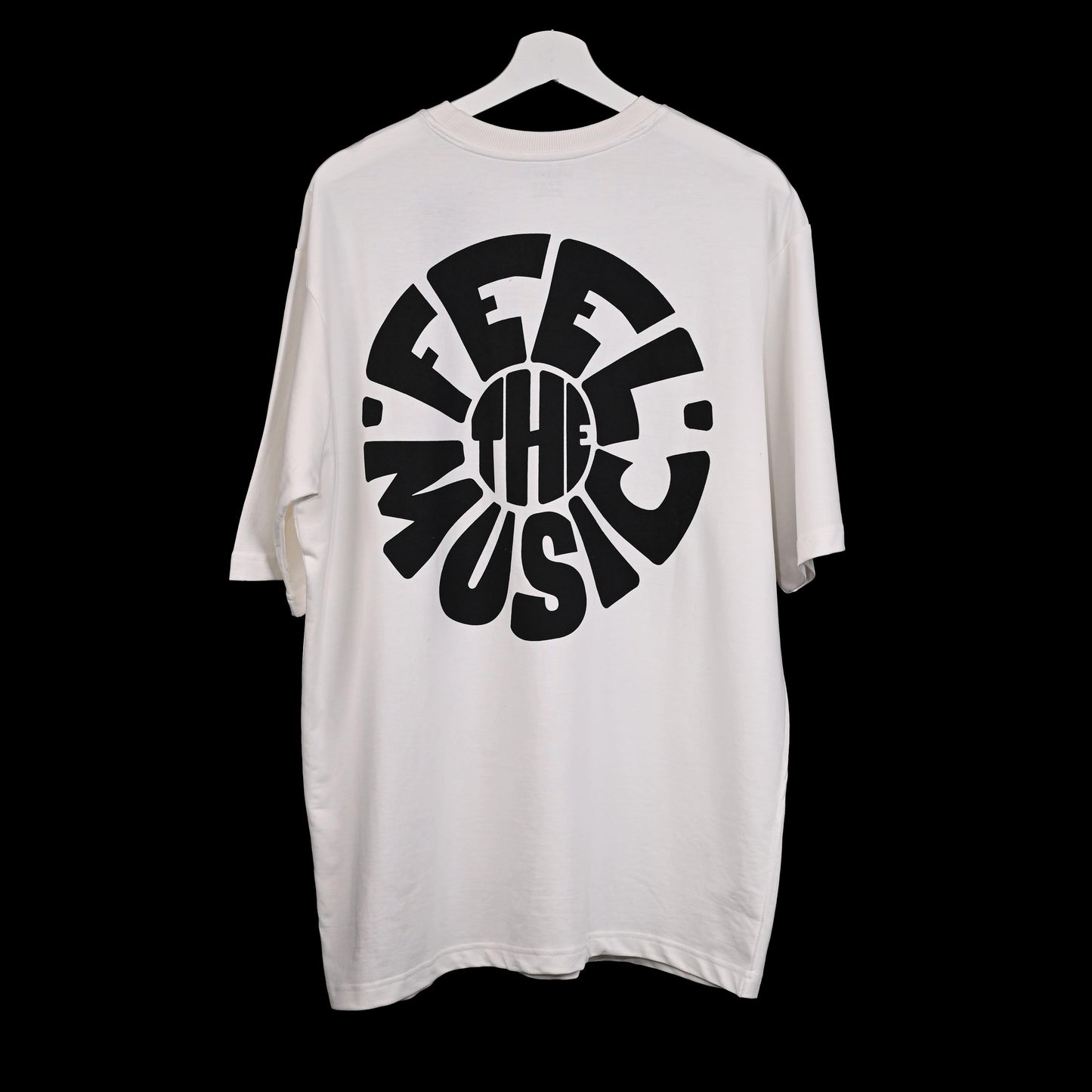 Feel the music T-Shirt: White, Oversized, Back Side, Bio-Washed Cotton Printed by Techno Be With You