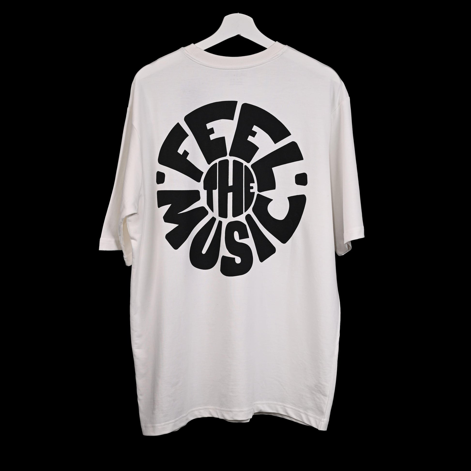Feel the music T-Shirt: White, Oversized, Back Side, Bio-Washed Cotton Printed by Techno Be With You