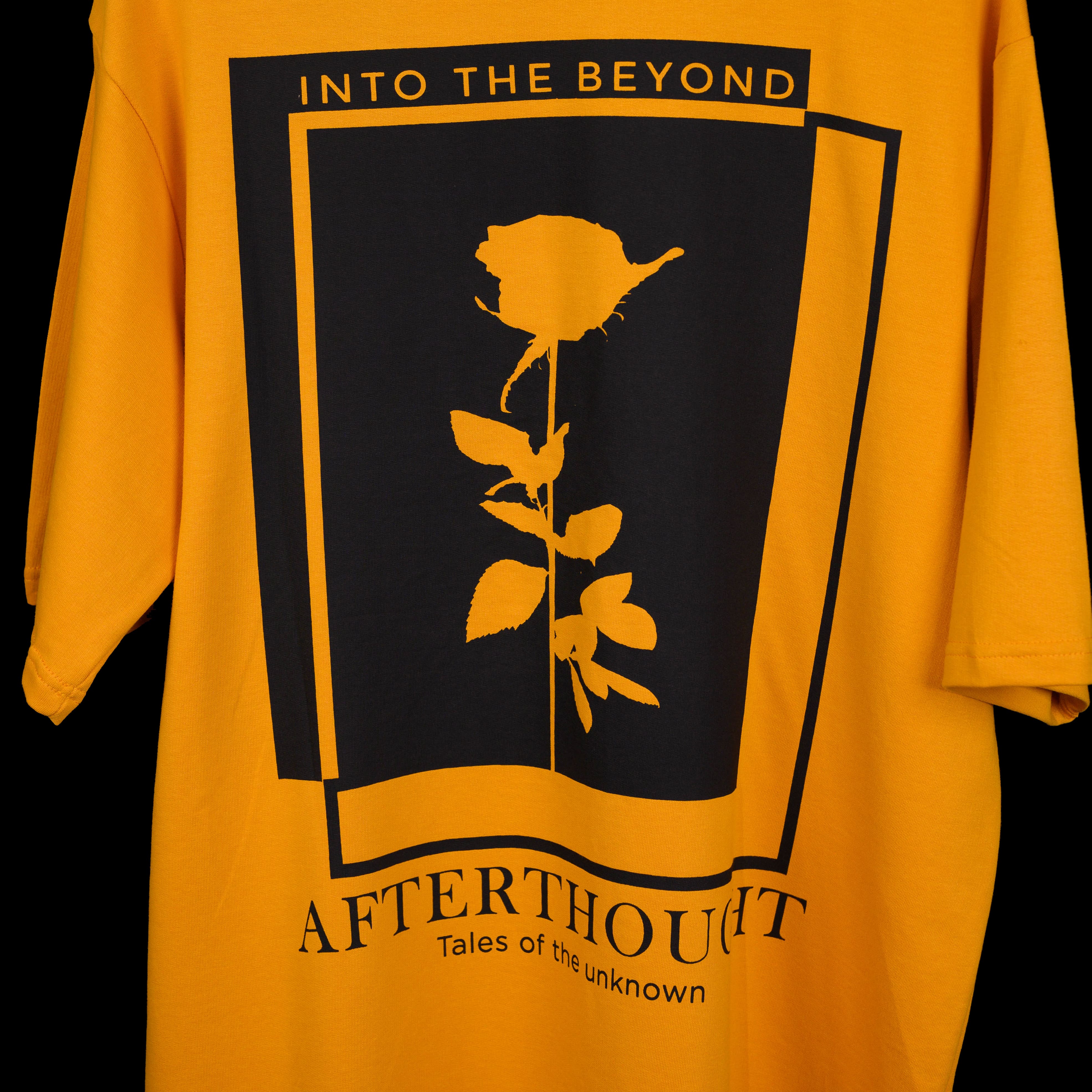 Oversized yellow t-shirt with Afterthought style print on the back side - close look