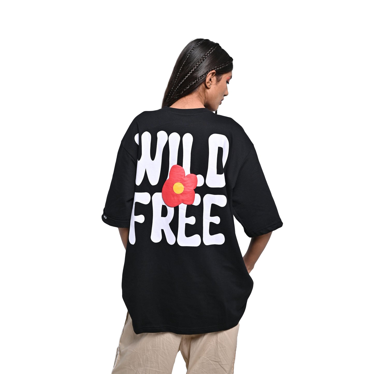 Wild Free T-Shirt: Black, Oversized, Back Model Pose, Bio-Washed Cotton Printed by Techno Be With You