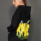 Techno rave hoodie, Black printed, female model